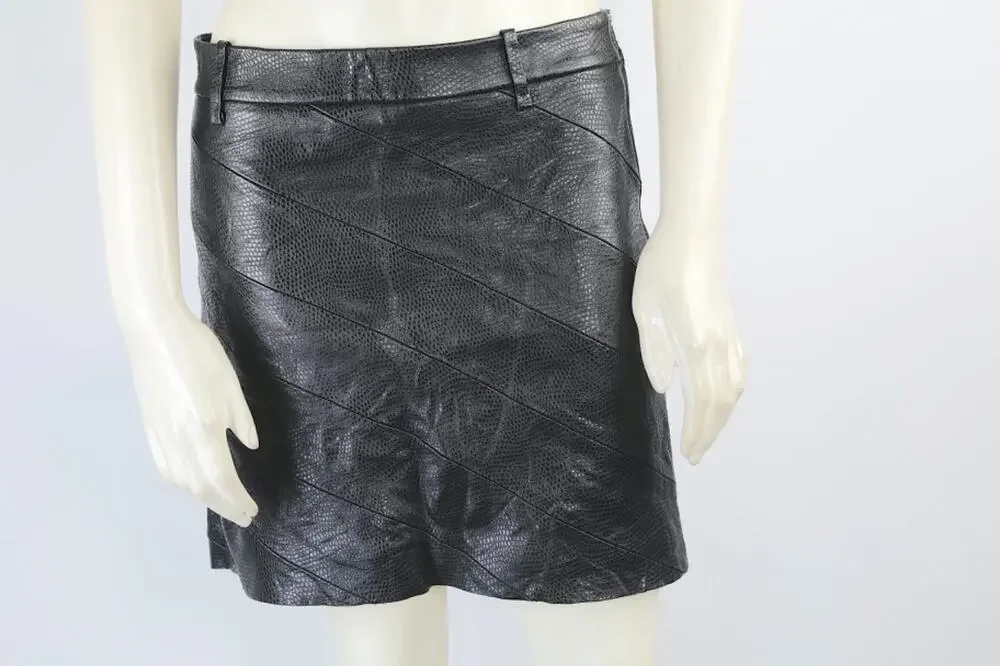 Nili Lotan Skirt 4 Black Lambskin Leather Textured Embossed Mini Diagonal Panel